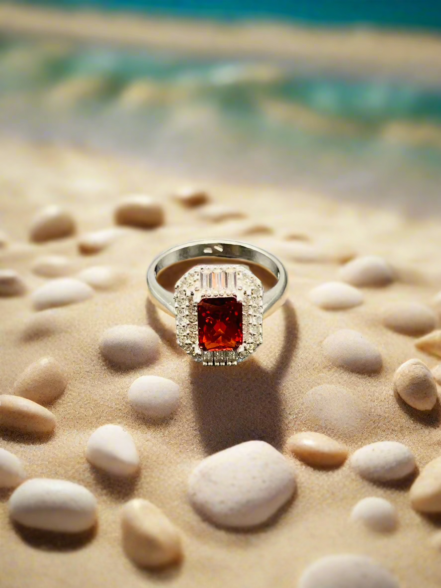 Inel argint 925 piatră rosie/rubin si pietre albe